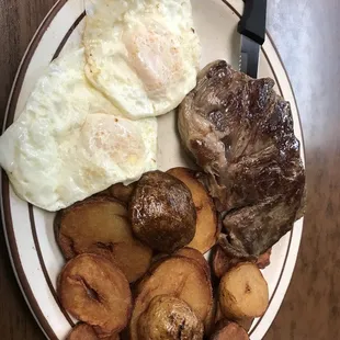 New York strip and eggs  $7.95