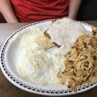 fried eggs, hash browns and gravy