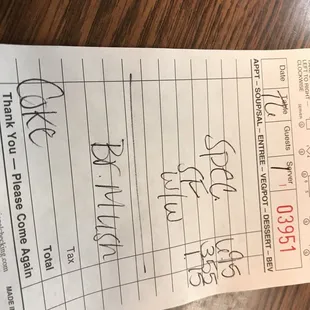 the receipt for the restaurant