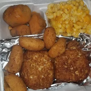 Crab Cake Dinner w/mac &amp; cheese, yams, and hush puppies. Sooo good!