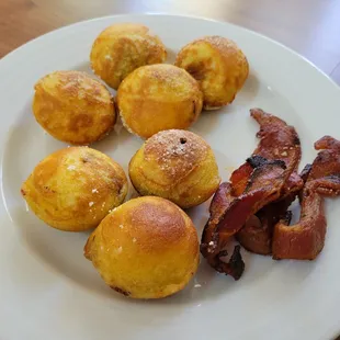 Pancake balls filled with Nutella and a side of bacon