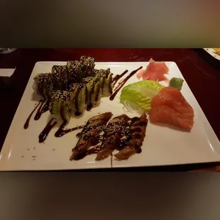 Dragon roll, eel sashimi , salmon sashimi, yum!
