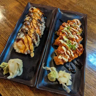 Left: Volcano Roll $16.50.
 Right: Crispy Firecracker $17.