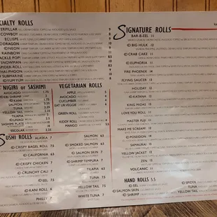 Sushi menu