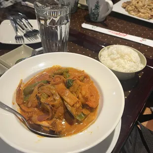 Red curry dish with shrimp and vegetables