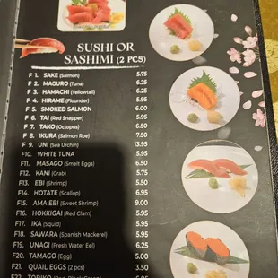 menu, sushi and sashimi