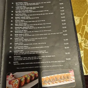 sushi and sashimi, menu