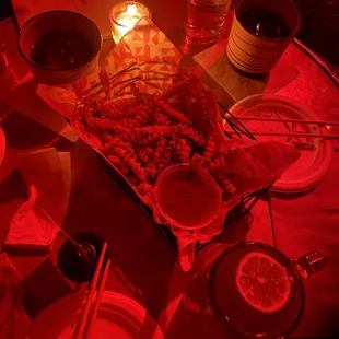 2xMeguroni #2, melon-lemon soda (bottom right), nori fries/curry sauce