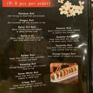 a menu for a special roll