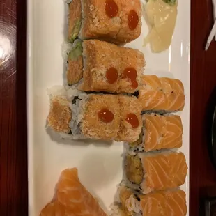 a plate of sushi and rolls