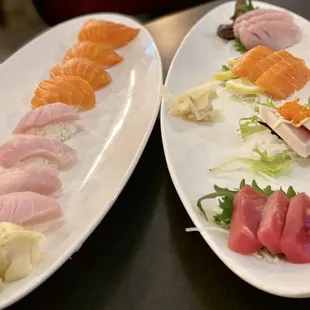 Assorted Sashimi Appetizer ( left )  Salmon and Hamachi Nigiri ( right )