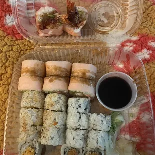 Victoria secret roll (pink looking roll), Baltimore roll, and tuna crunch roll