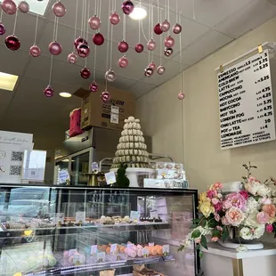 Pastry case and hot drink menu
