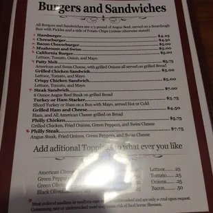a menu for burgers and sandwiches