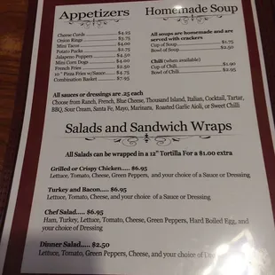 a menu for appetizers