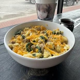 Sausage, egg, cheese and spinach bowl. Excellent!!