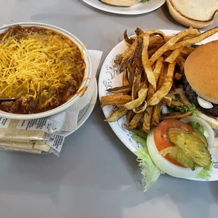 Chili and a Mushroom Swiss Burger