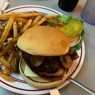 a hamburger and fries on a plate