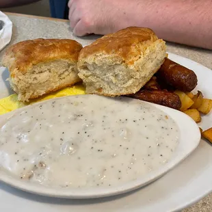 Classic biscuits and gravy with added sausage and eggs