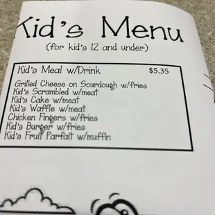 Kids menu