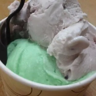 Split single scoop of strawberry and pistachio. Enough to share!