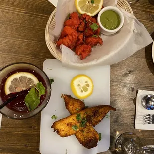 Mint hibiscus iced tea, Spicy Tilapia Fry, and Prawn pakora