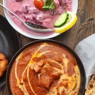 Beetroot korma and butter chicken