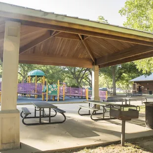 Several pavilions surround the play areas, perfect for birthday parties or picnics.