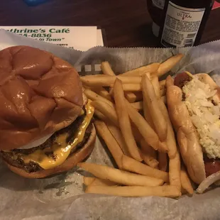 Double burger, hotdog with everything and fries!