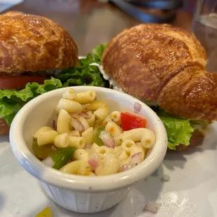 Pasta salad side with sandwich