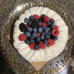 Peach Melba cake with seasonal fresh fruit on top - so fresh and tasty