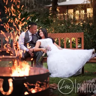 Bride and Groom relaxing by our firepit