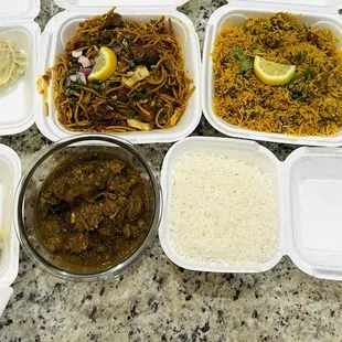 Left to Right: 2 Chicken Momo, 2 Chicken Chowmein, Chicken Biryani, Goat Curry, Basmati Rice