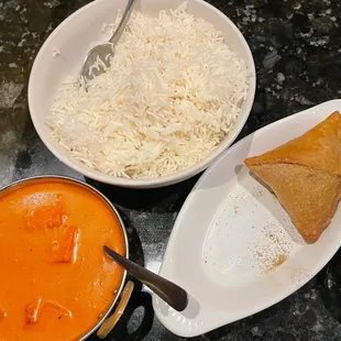 Chicken Tikka Masala and Vegetable Samosa.