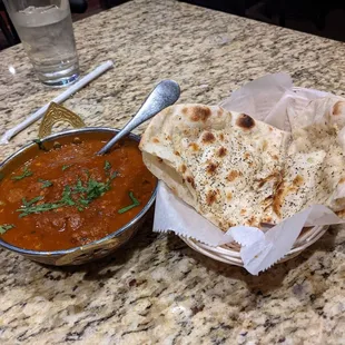 Lamb Bhuna, garlic basil naan