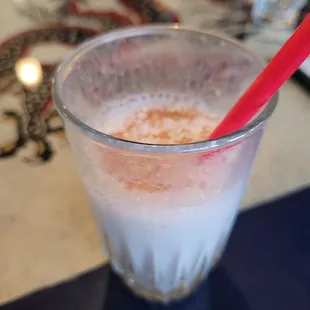 Milk and yogurt with cinnamon.  Tangy and sweet. Cinnamon Lassi.
