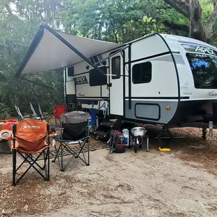 Birthday celebration..weekend camping event. Camper is  rental, pre set up..loads of details. Rocking chairs..fans..bedding...  cheers..