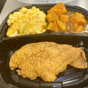 Southern fried catfish, Mac and cheese, and candied yams