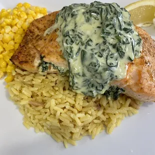 Salmon topped with cream spinach