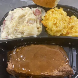 Meatloaf, garlic mashed potatoes, and Mac and cheese