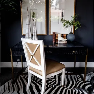 We love mixing lights and darks, styles and textures. No boring workspace here.