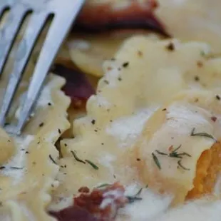 Butternut Squash Ravioli in a Alfredo Sauce with Blackened Chicken