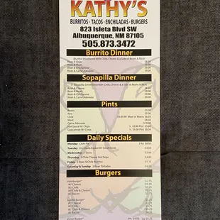 Kathys take out menu. February 2021