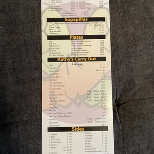 Kathys takeout menu side 2. February 2021