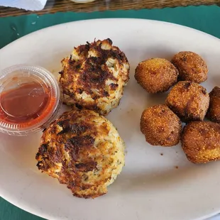 Crab cakes and a few hush puppies.