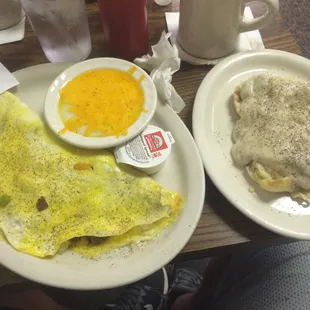 Philly omelet, cheesy grits and a biscuit w/gravy! Very good!