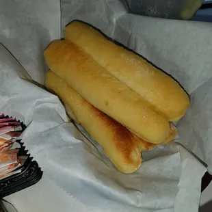 two hot dogs in a basket