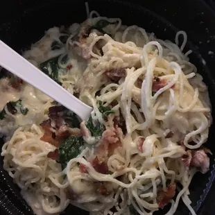 The congealed mush- I have to assume the 'pre cooked pasta' was not pre cooked anytime today or even yesterday.