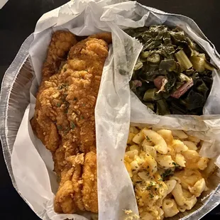 Fried Catfish Meal w/ Mac and cheese and Collard Greens (w/ Smoked Turkey Meat)