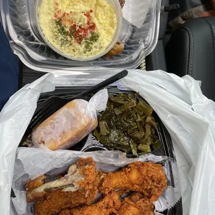 Fried chicken, Collard greens, Potato salad and Corn bread